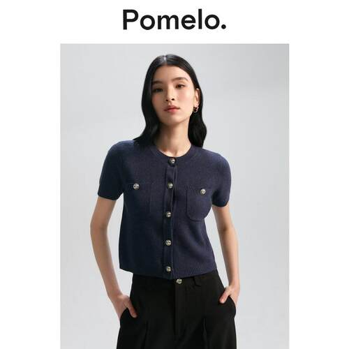 Pomelo 深蓝色休闲简约金纽扣短袖针织开衫女