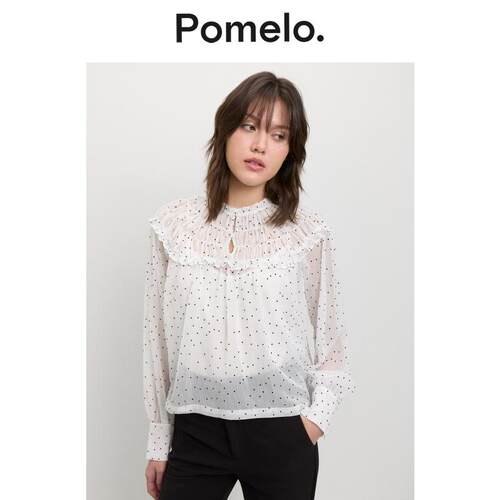 Pomelo 白色波点荷叶边衬衫女新款法式温柔风长袖衬衫上衣
