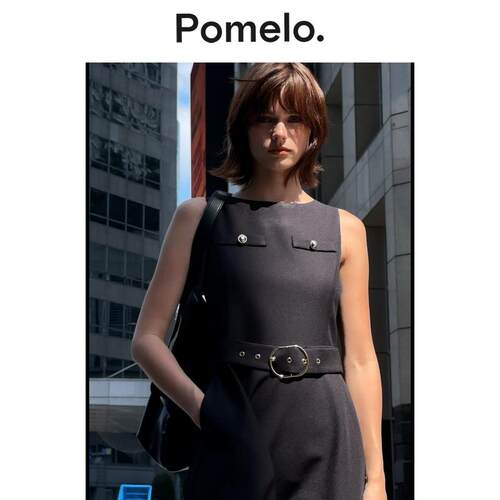 Pomelo 潮流气质黑色无袖长裙收腰系带显瘦气质通勤中长款连衣裙