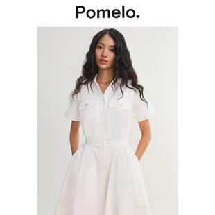 Pomelo 2026夏季新款女士衬衫式中长连衣裙 白色休闲夏季收腰裙子