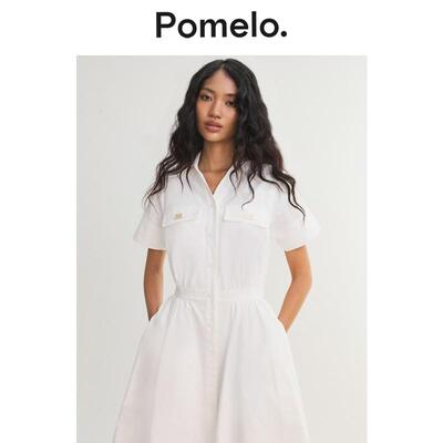 Pomelo 2026夏季新款女士衬衫式中长连衣裙 白色休闲夏季收腰裙子