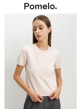 Pomelo 简约通勤甜美风刺绣短袖针织上衣春夏