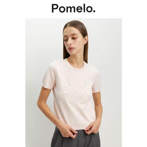 Pomelo 简约通勤甜美风刺绣短袖针织上衣春夏