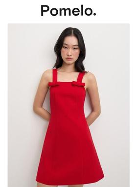 【新年系列】Pomelo 甜美修身蝴蝶结设计感红色方领吊带连衣裙