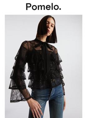 Pomelo 黑色亮片装饰荷叶蕾丝衬衫