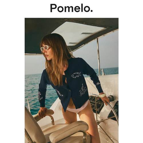 Pomelo 航海度假风针织衫新款海马刺绣显瘦短款针织开衫女