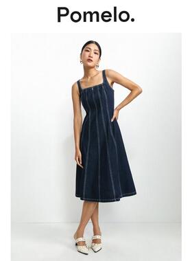 Pomelo 蓝色撞线设计中长款A字修身牛仔连衣裙女