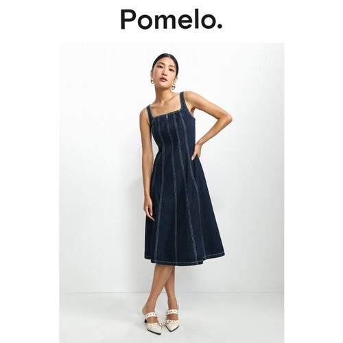 Pomelo 蓝色撞线设计中长款A字修身牛仔连衣裙女