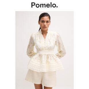 荷叶边衬衫 蕾丝腰褶长袖 气质通勤收腰印花款 Pomelo