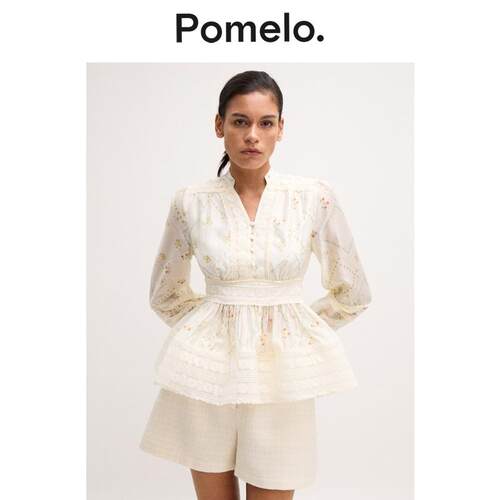 Pomelo 气质通勤收腰印花款蕾丝腰褶长袖荷叶边衬衫