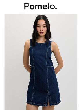 Pomelo 复古风无袖高腰显瘦开叉连衣裙小个子辣妹风开叉a字短裙