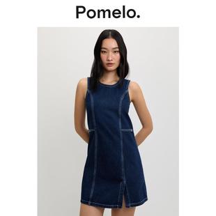 Pomelo 高腰显瘦开叉连衣裙小个子辣妹风开叉a字短裙 复古风无袖