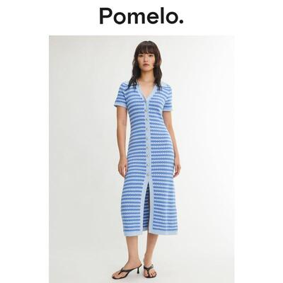 Pomelo 条纹前排扣针织马球中长连衣裙 - 水蓝色