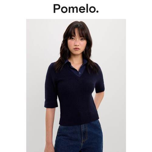 Pomelo 小众设计感衬衫领V领修身显瘦通勤易搭假两件针织短袖女