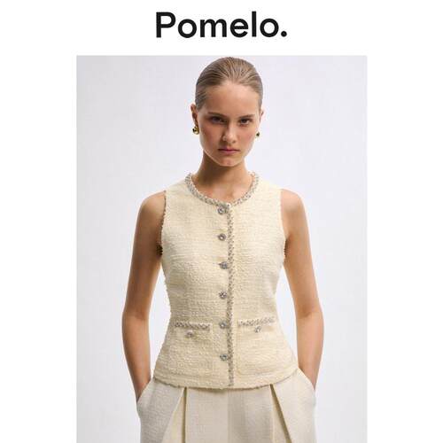 Pomelo 通勤休闲米白粗花呢背心修身显瘦小香风外穿马甲背心上衣