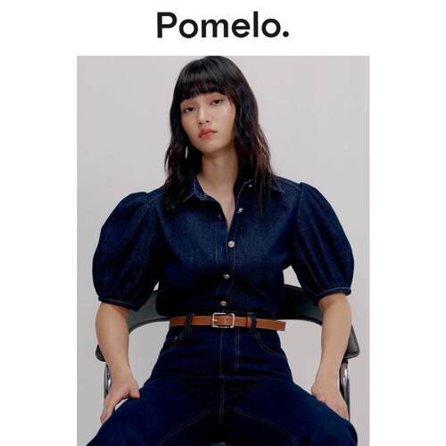 Pomelo 小个子深蓝色泡泡袖设计感小众显瘦短款牛仔衬衫女