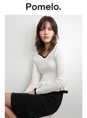 Pomelo 撞色包边针织荷叶摆上衣 - 米白色