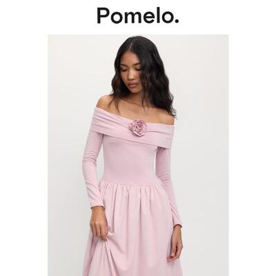 Pomelo 温柔风粉色一字肩连衣裙女立体花朵收腰显瘦小个子连衣裙
