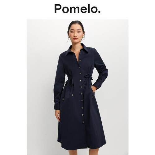 Pomelo 藏青色侧蝴蝶结抽绳收腰设计长袖中长款连衣裙女