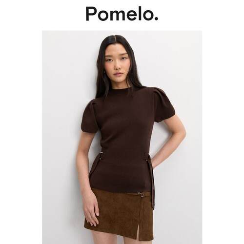 Pomelo 半高领泡泡袖针织短袖女设计感侧边绑带收腰显瘦短袖上衣