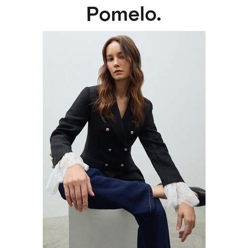 Pomelo潮流气质黑色西装蕾丝拼接袖口双排扣收腰显瘦西服外套
