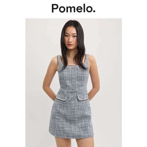 Pomelo 粗花呢前排扣迷你连衣裙，口袋细节 - 蓝色