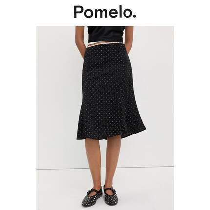 Pomelo 温柔风波点半身裙高腰显瘦鱼尾摆小个子通勤中长半身裙