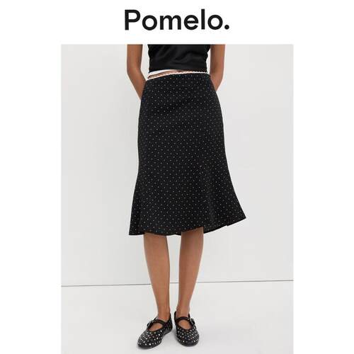 Pomelo 温柔风波点半身裙高腰显瘦鱼尾摆小个子通勤中长半身裙