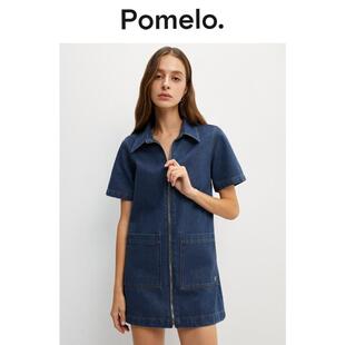 Pomelo 蓝色牛仔口袋拉链设计辣妹风迷你连衣裙女