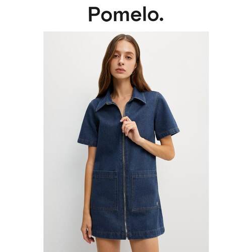 Pomelo 蓝色牛仔口袋拉链设计辣妹风迷你连衣裙女
