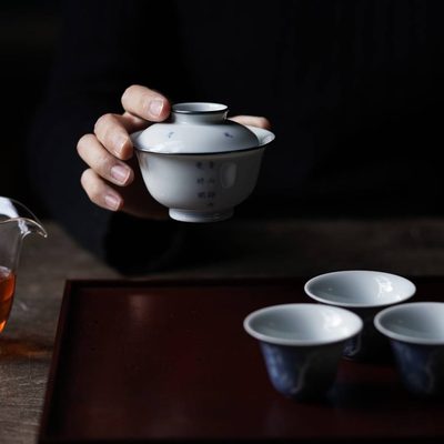 山诗松青手绘包堂口碗手工10盖碗茶杯泡茶银【湘缘阁】赋文陶瓷0c