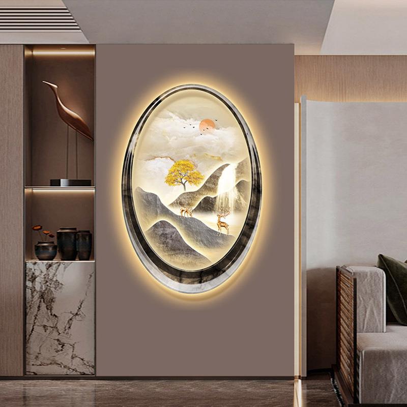 新中式山水玄关装饰画金山走廊过道挂画高档入户椭圆形带灯壁画