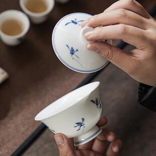 釉下彩蝴蝶兰二才盖碗手工绘防烫文人茶具主泡碗家用泡茶碗猪油白