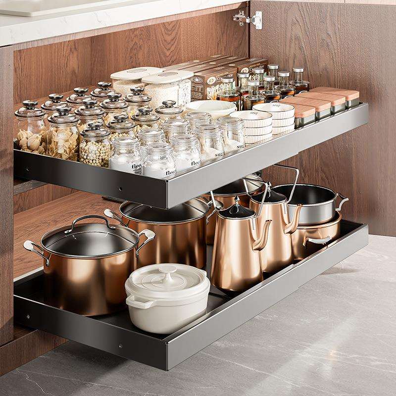 可伸缩橱柜拉篮抽拉式置物架下水槽抽屉瓶罐碗篮锅具柜内厨房收纳