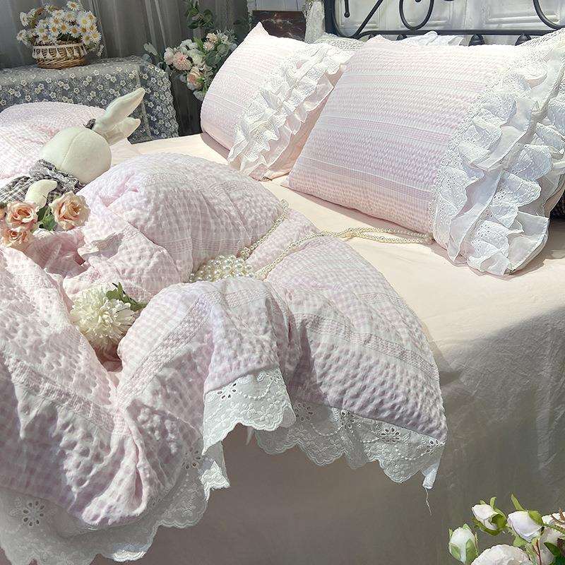 2025新款皱皱纱花边四件套柔软水洗棉提花床单床笠被套单人三件套