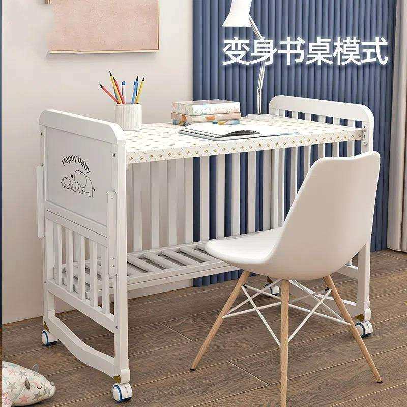 白色实木欧式婴儿床可移宝多功能摇篮儿童拼接大床新生儿bb