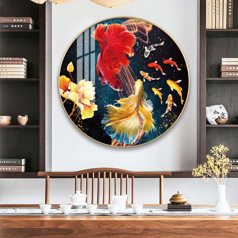 年年有余九鱼图入户玄关装饰画轻奢圆形餐厅挂画客厅壁画现代锦鲤图片