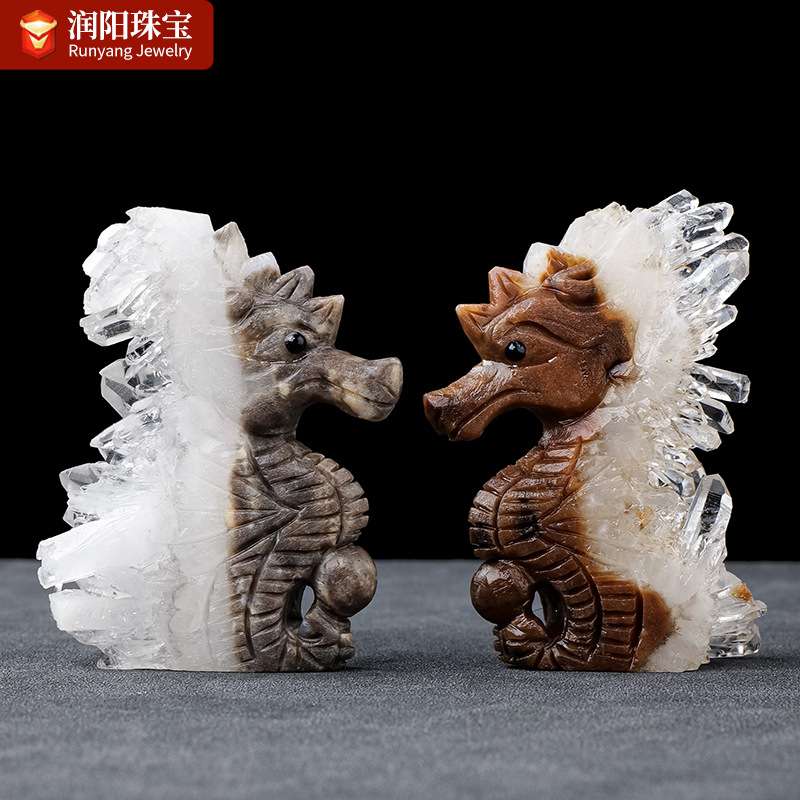 天然白水晶晶簇海马摆件原石矿标打磨水晶工艺品办公桌面装饰摆件