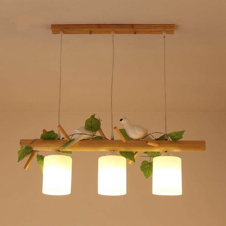 北欧创意原木小鸟餐厅三头简约现代实木艺餐厅饭厅吊灯饰灯具