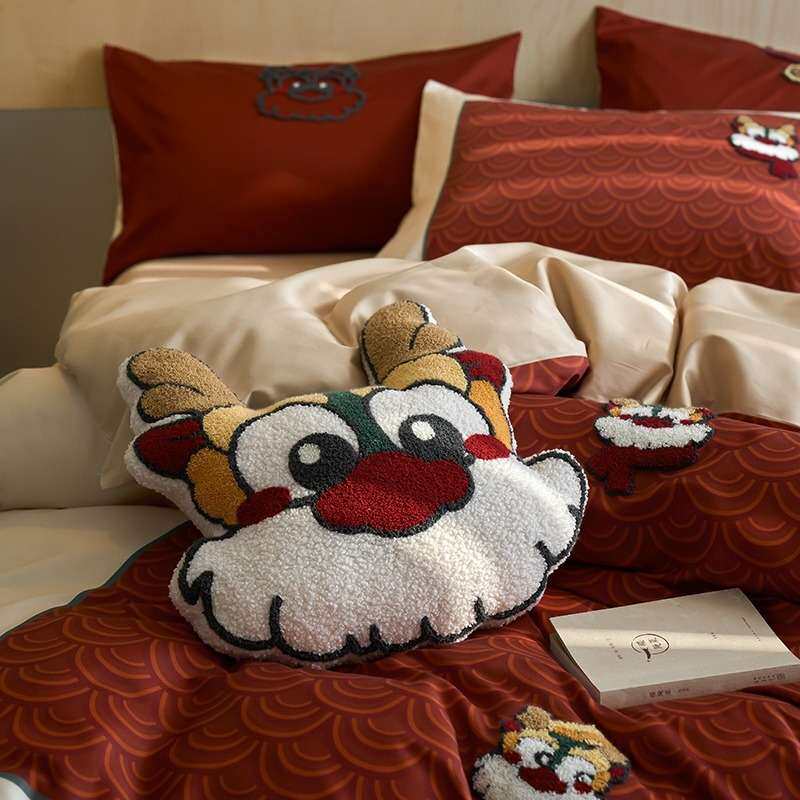 抱枕新年喜庆红色A类100支四件套可爱龙毛巾绣纯棉床单床笠