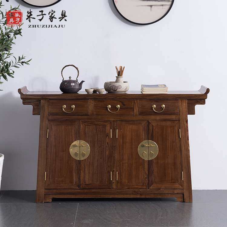 朱子家具新中式玄关台老榆木免漆家具现代实木储物柜玄关桌家用