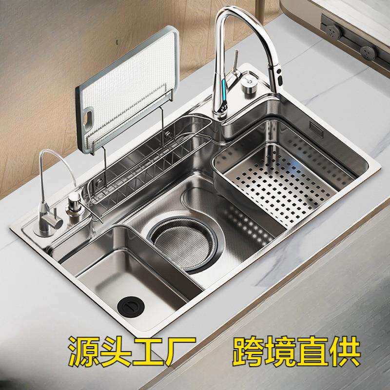 新中式304 不锈钢大单槽台控下水设计厨房水槽家用多功能不锈钢槽