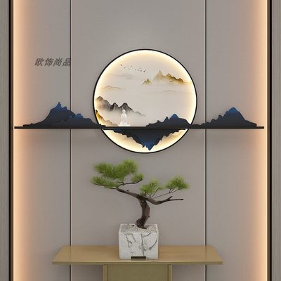 圆形装饰品墙饰壁挂客厅铁艺挂件餐厅禅意新中式挂墙面带灯玄关