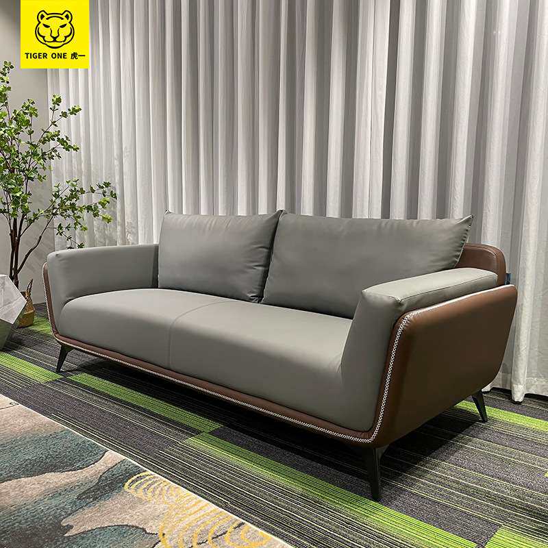 虎一办公家具商务办公沙发茶几组合简约现代时尚三人位灰西皮