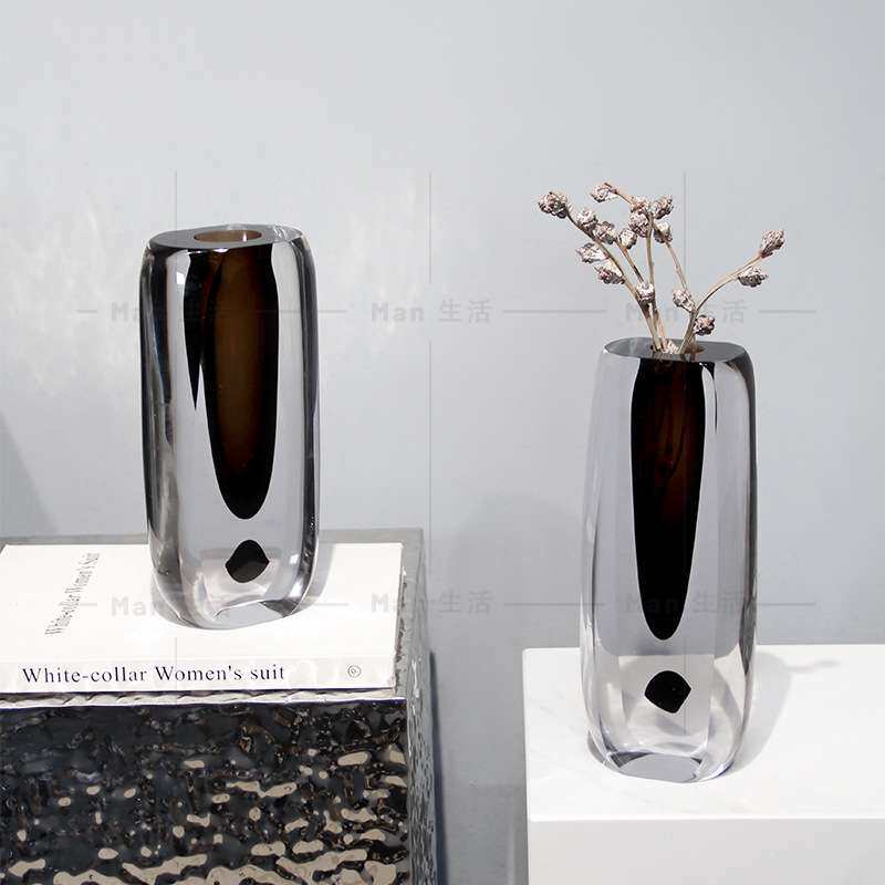 极简意式高档厚实灰咖色琉璃透明花器样板间客厅桌面玄关插花摆件