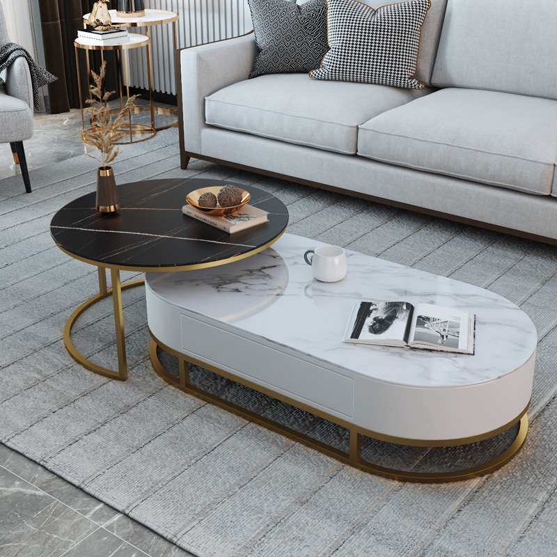 小户型客厅可伸缩电视柜茶几组合家用大理石椭圆形茶几长方形地柜