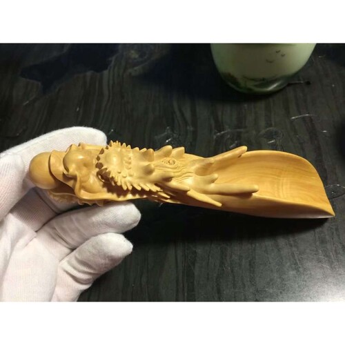 小叶黄杨木雕实木手把件居家雕刻工艺摆件陆羽龙头茶勺茶道用具