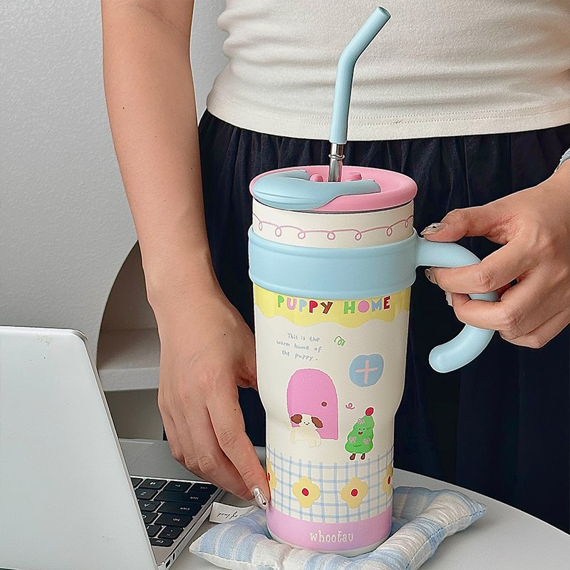 胡桃集市原创自制小狗巨无霸水杯大容量不锈钢保R温杯吸管杯吨吨
