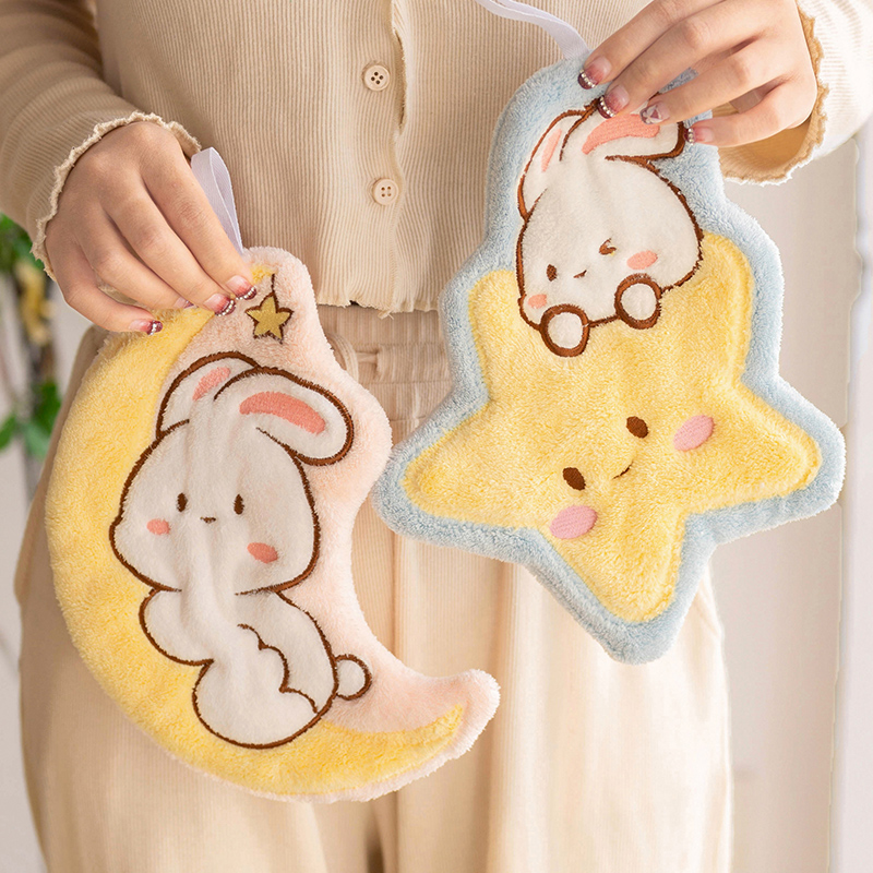 星月兔子珊瑚绒擦手巾吸水u挂式女柔软儿童可爱洗手卡通手帕家用