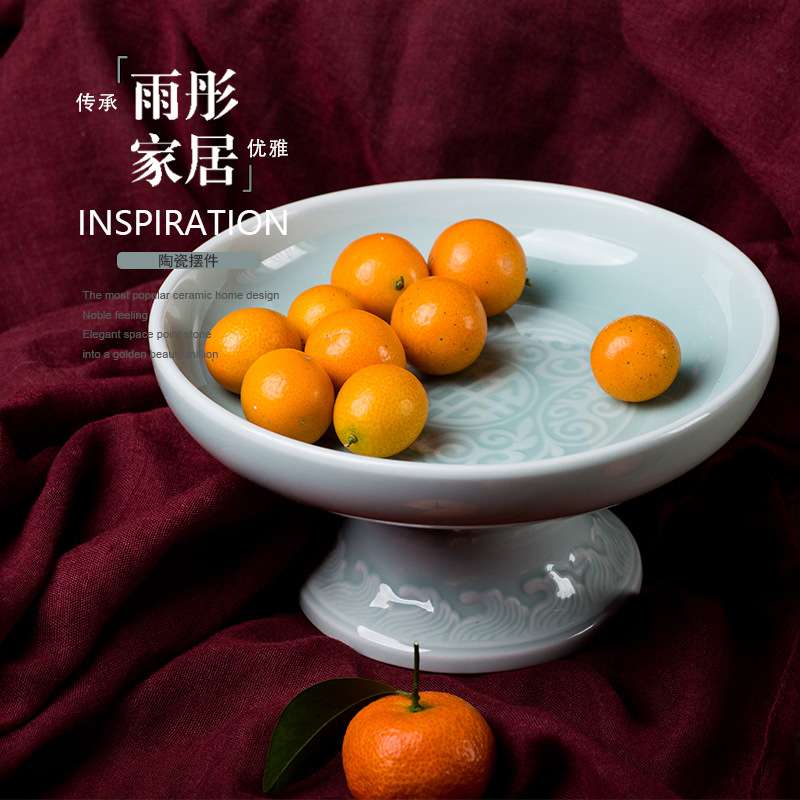 景德镇手工青瓷雕花陶瓷果盘高脚家居饰品装饰摆件纯手工工艺品
